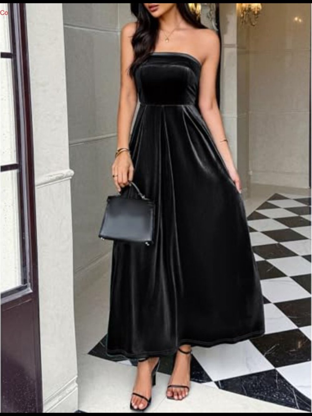 Women's Strapless Velvet Evening Gown Pleated Swing Wedding Bridesmaid Maxi - Picture 4 of 5
